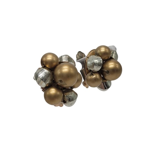 Vintage Gold & Silver Tone Cluster Clip-On Earrings Made In Hong Kong - Picture 5 of 9